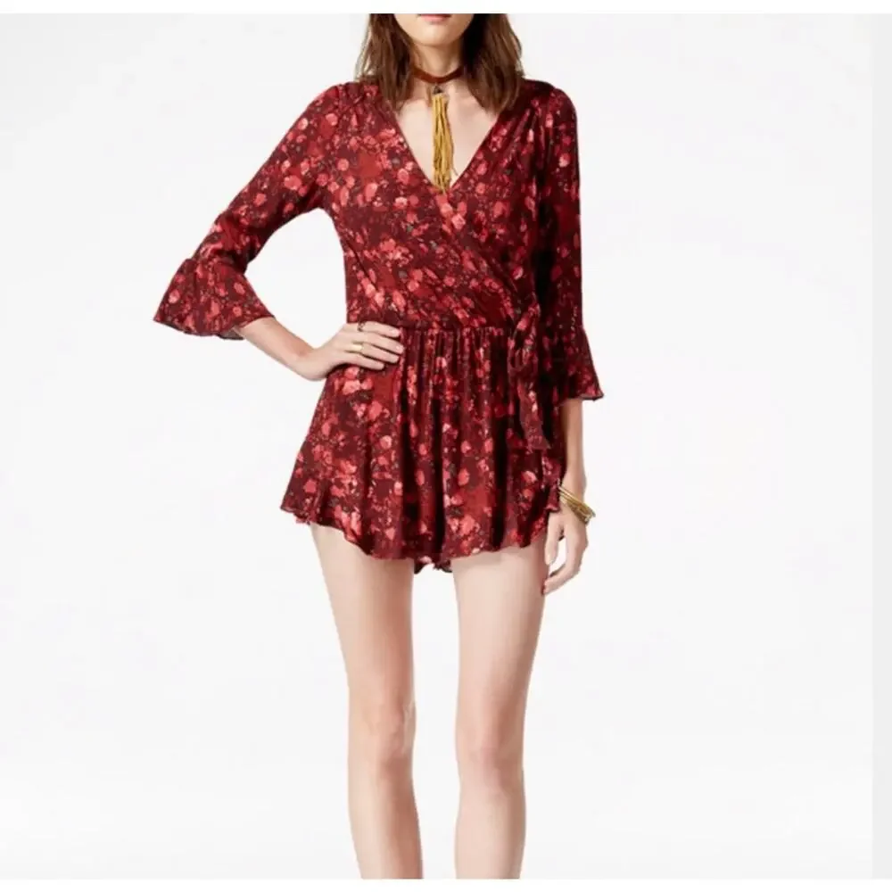 Free People Raven Combo Floral Wrap Romper Size Small Crimson Red Bell Sleeve